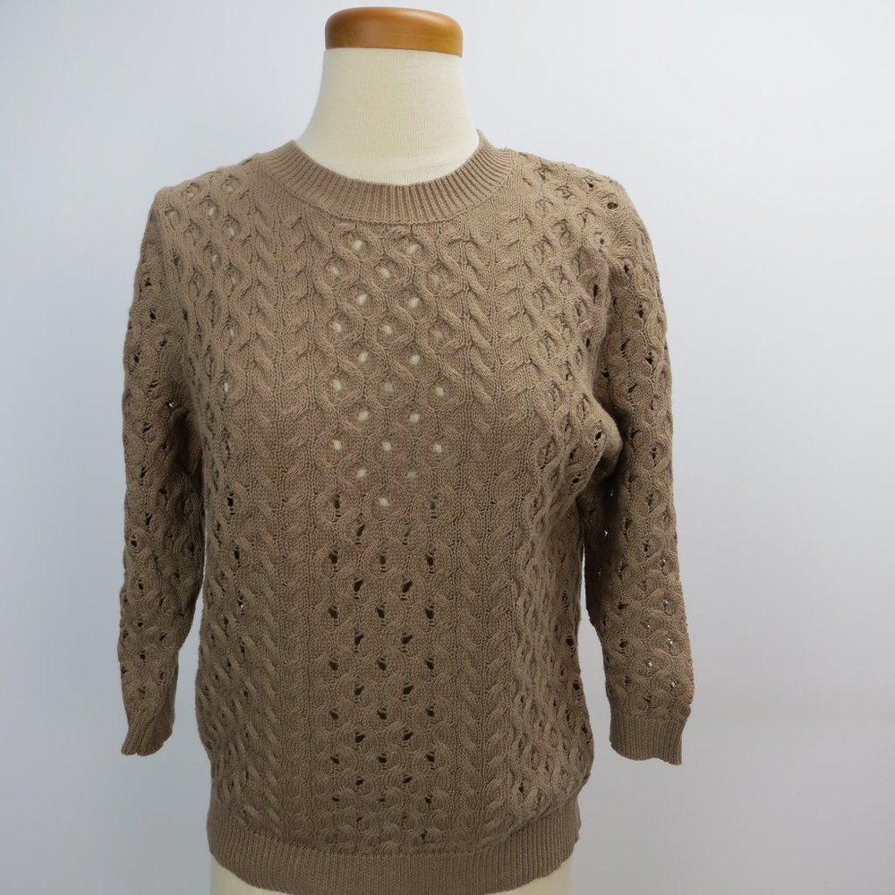Hive & Honey Crew Neck Sweater Size Small Brown Cable Knit 3/4 Sleeves Ribbing
